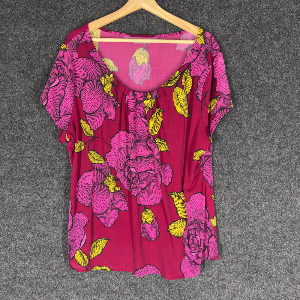 Worthington Blouse Women 3X Plus Pink Floral Short Sleeve Round Neck Casual